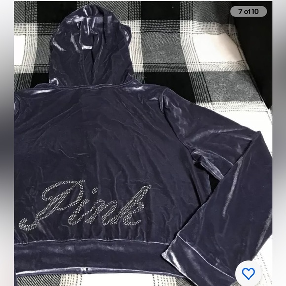 Victoria Secret Pink Bling Velour Shine Full-zip Crop Hoodie Midnight Navy Xl - Picture 7 of 9